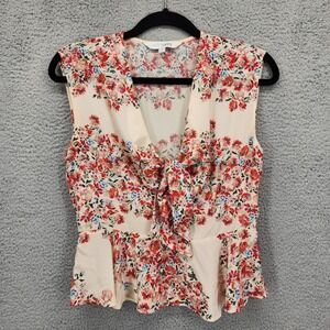 Intermix Women 4 Silk Floral Peplum Tie Front Sleeveless Blouse Cream Red Blue